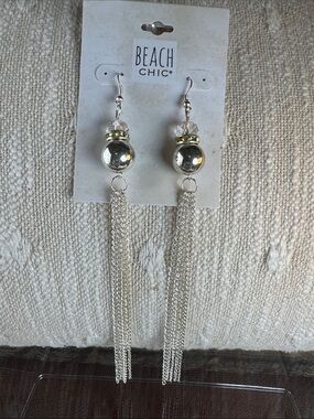 0550- Beach‎ chic Silver Ball and Chain Tassel Earrings with Clear Accents